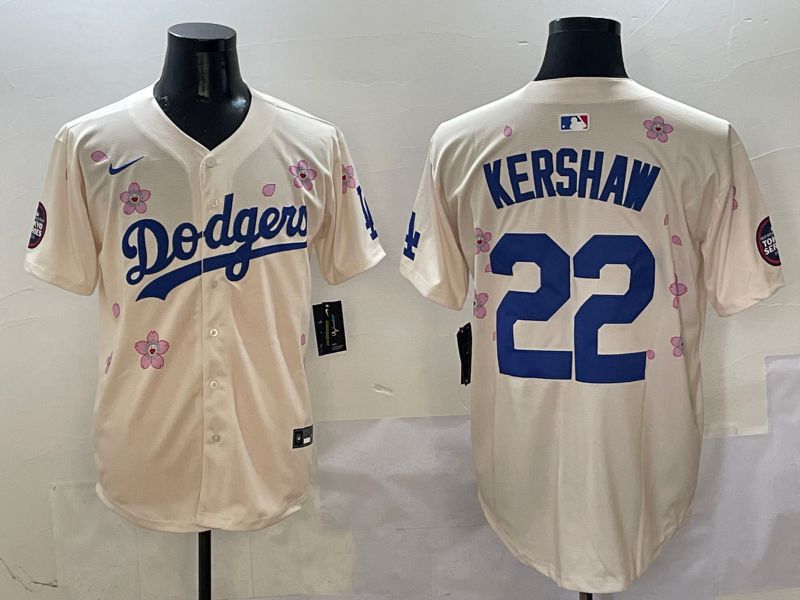 Men Los Angeles Dodgers 22 Kershaw Cream White Blue Sakura Edition 2025 Nike MLB Jersey style 2